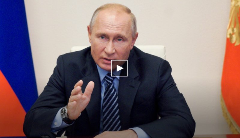RUSSIAN PRESIDENT VLADIMIR PUTIN GESTURES DURING A VIDEO CONFERENCE MEETING